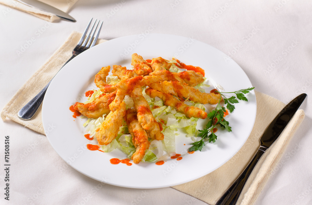 Appetizing Main Course on Table Utensils on Side Appetizing Main Course on Table Utensils on Side