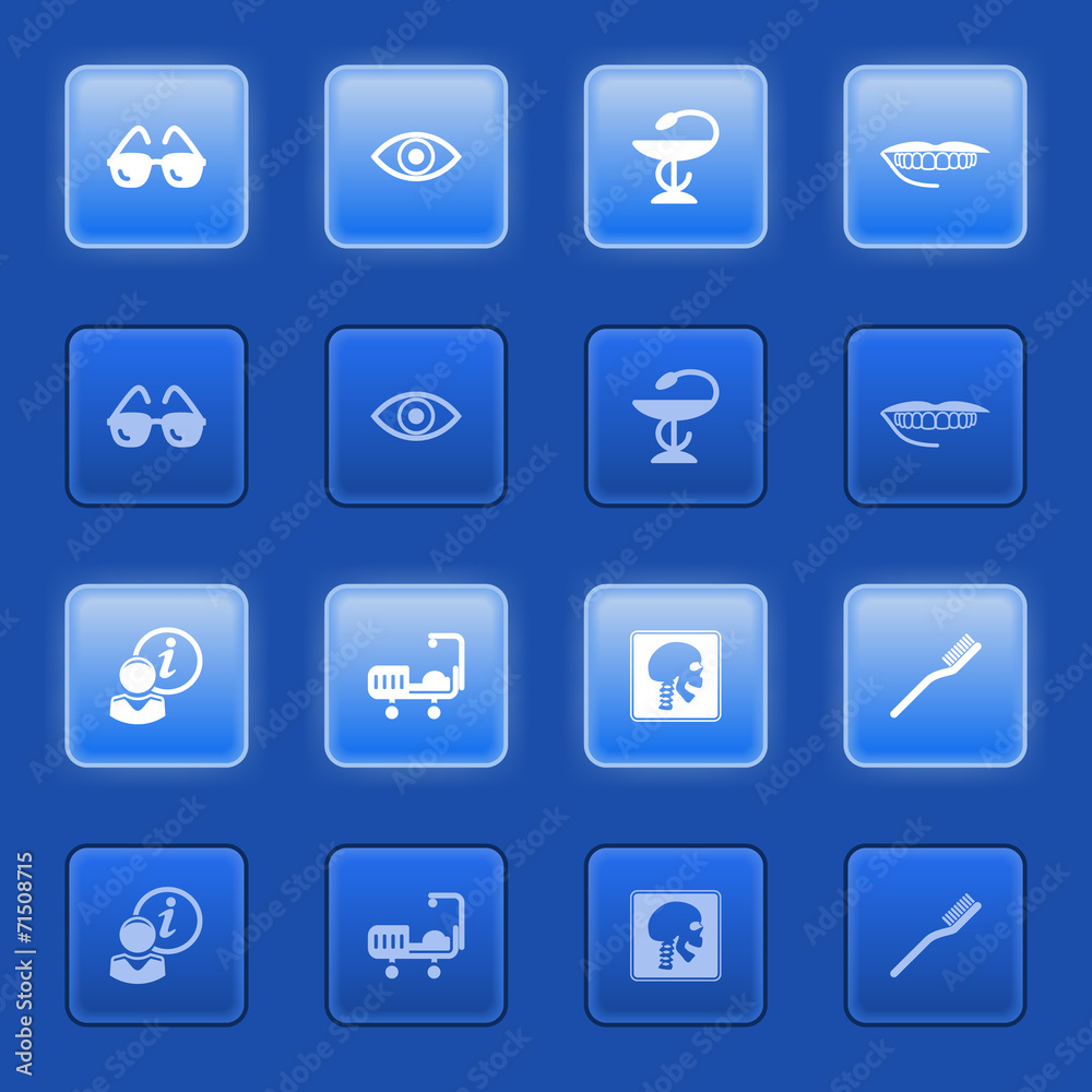 Medicine icons for web on blue buttons. Medicine icons for web on blue buttons.