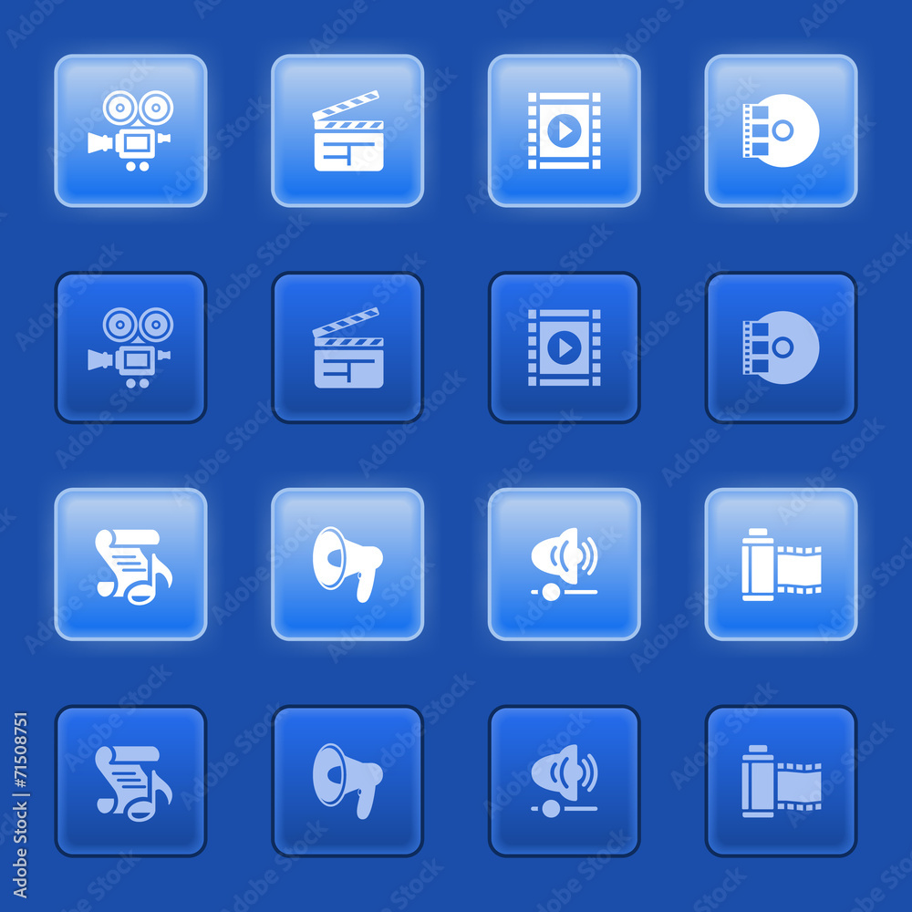 Audio video icons for web on blue buttons. Audio video icons for web on blue buttons.