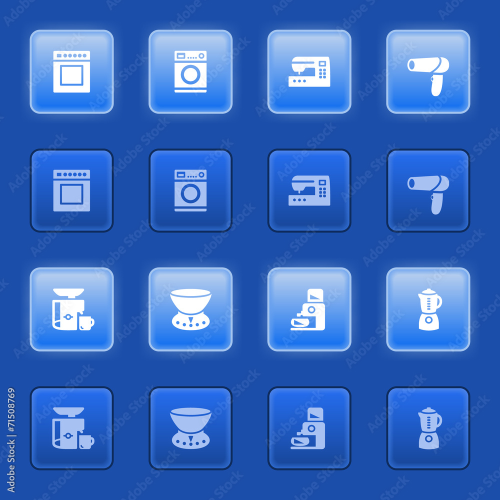 Home appliances icons for web on blue buttons. Home appliances icons for web on blue buttons.