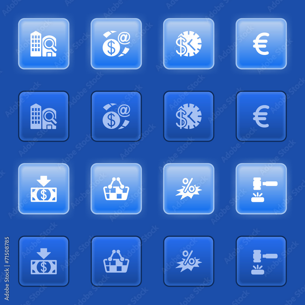 Commerce icons for web on blue buttons. Commerce icons for web on blue buttons.