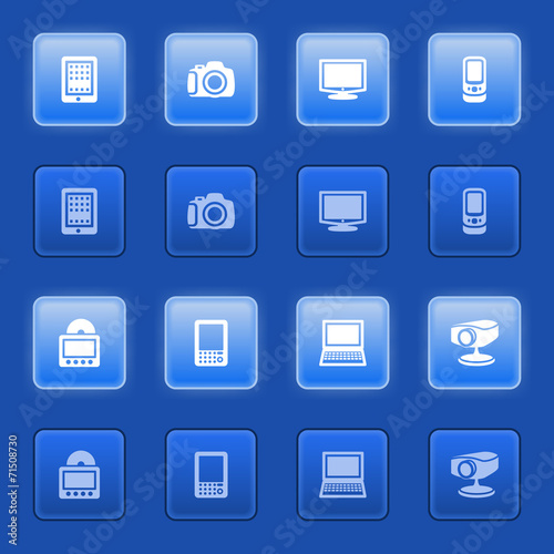 Electronics icons for web on blue buttons.