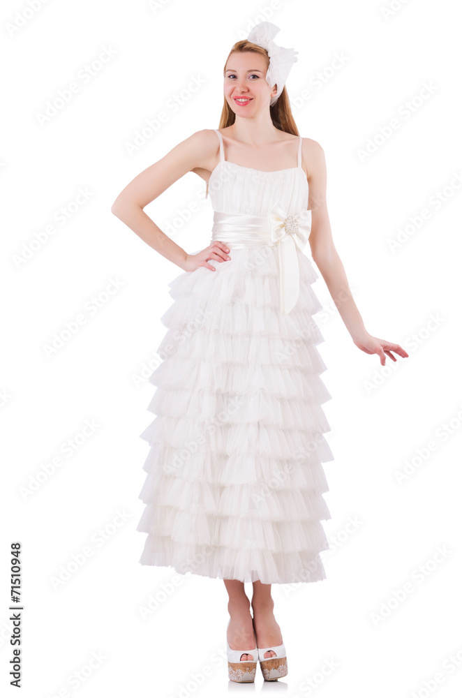 Naklejka premium Woman wearing wedding dress on white