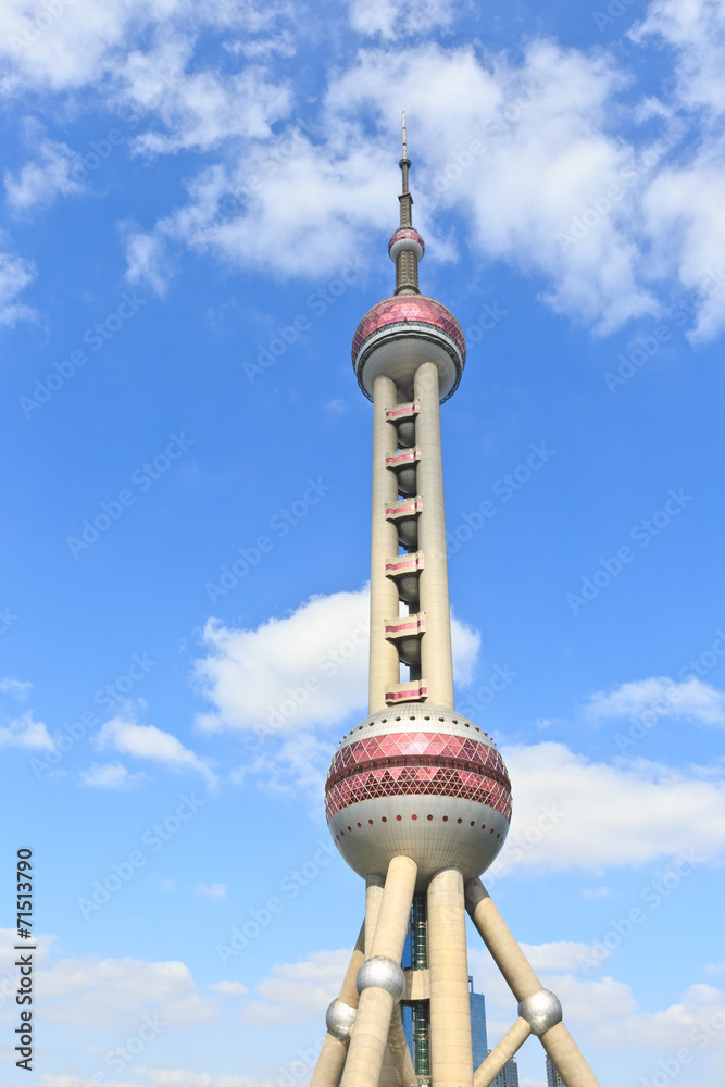 Fototapeta premium Shanghai Oriental pearl TV tower under the blue sky.