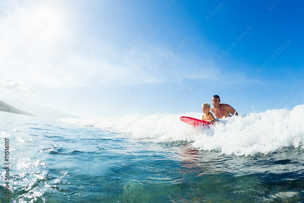 Father and Son Surfing, Riding Wave Together Father and Son Surfing, Riding Wave Together