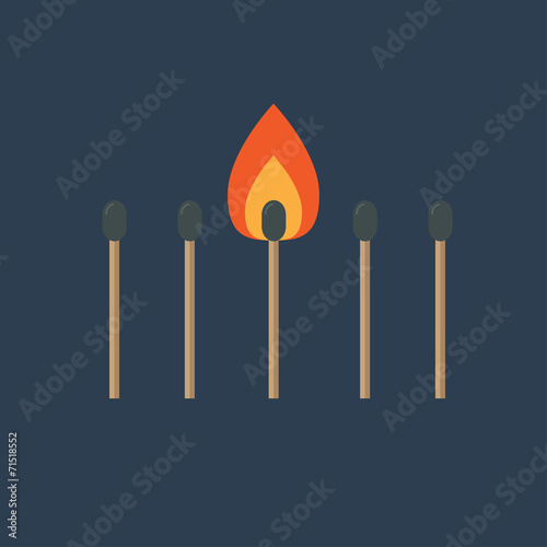Match set with one burning orange fire light. Flat 
