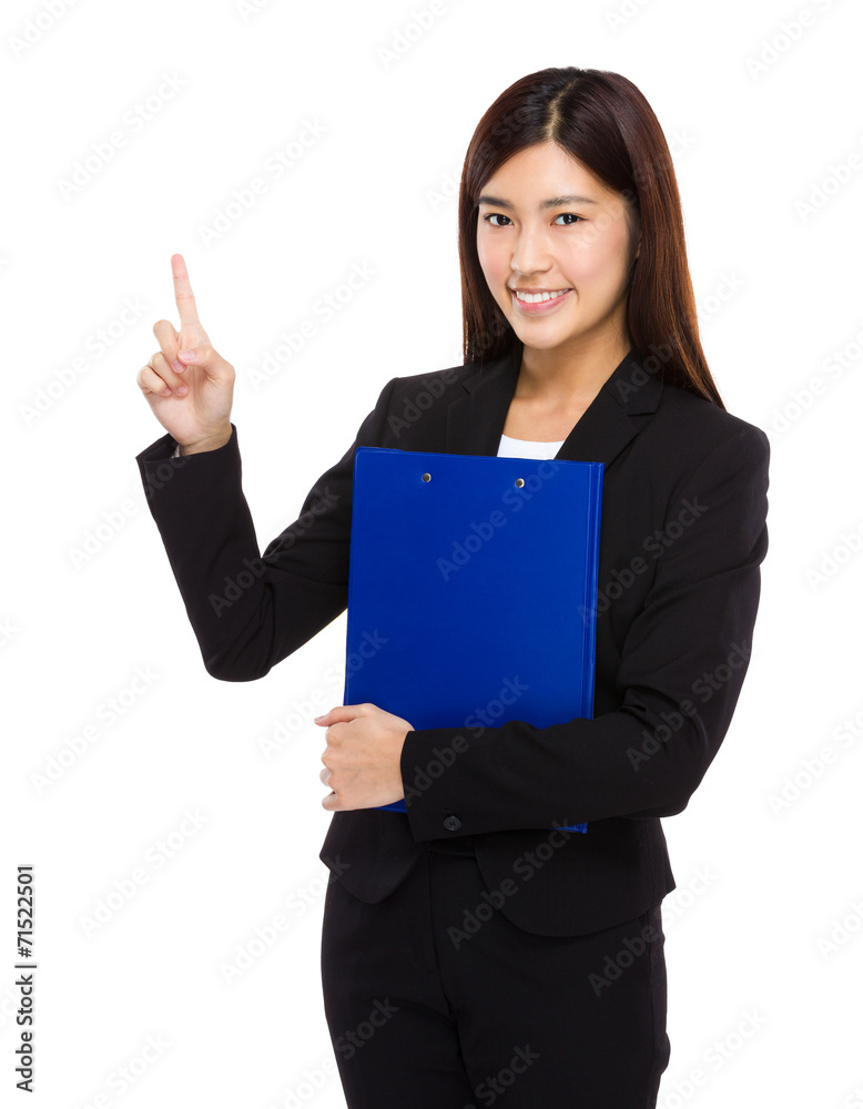 Businesswoman with clipboard and finger up Businesswoman with clipboard and finger up