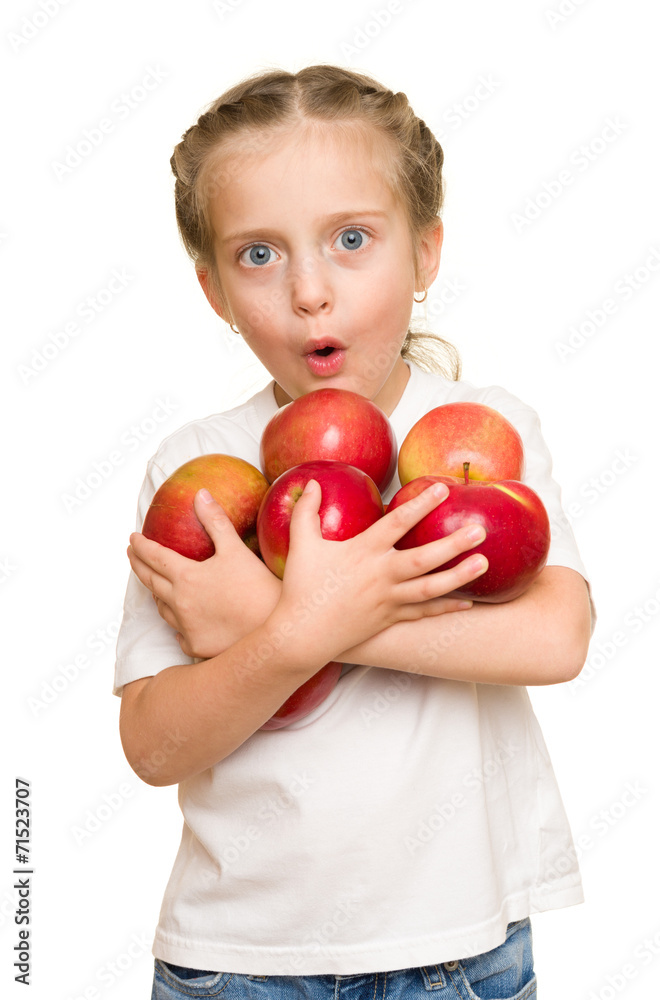 little girl with fruits and vegetables on white little girl with fruits and vegetables on white