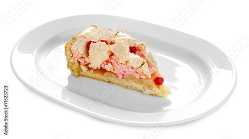 Piece of tasty pie with apples and berry mousse, isolated