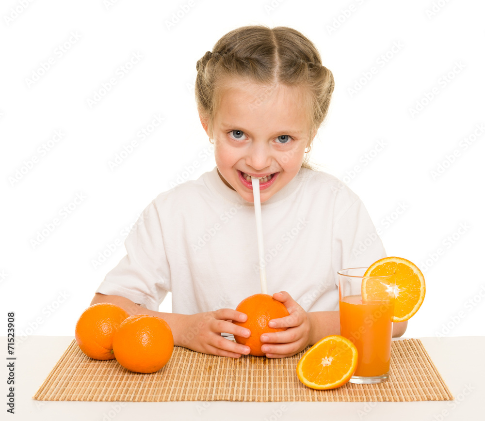 little girl with oranges drink juice with a straw little girl with oranges drink juice with a straw