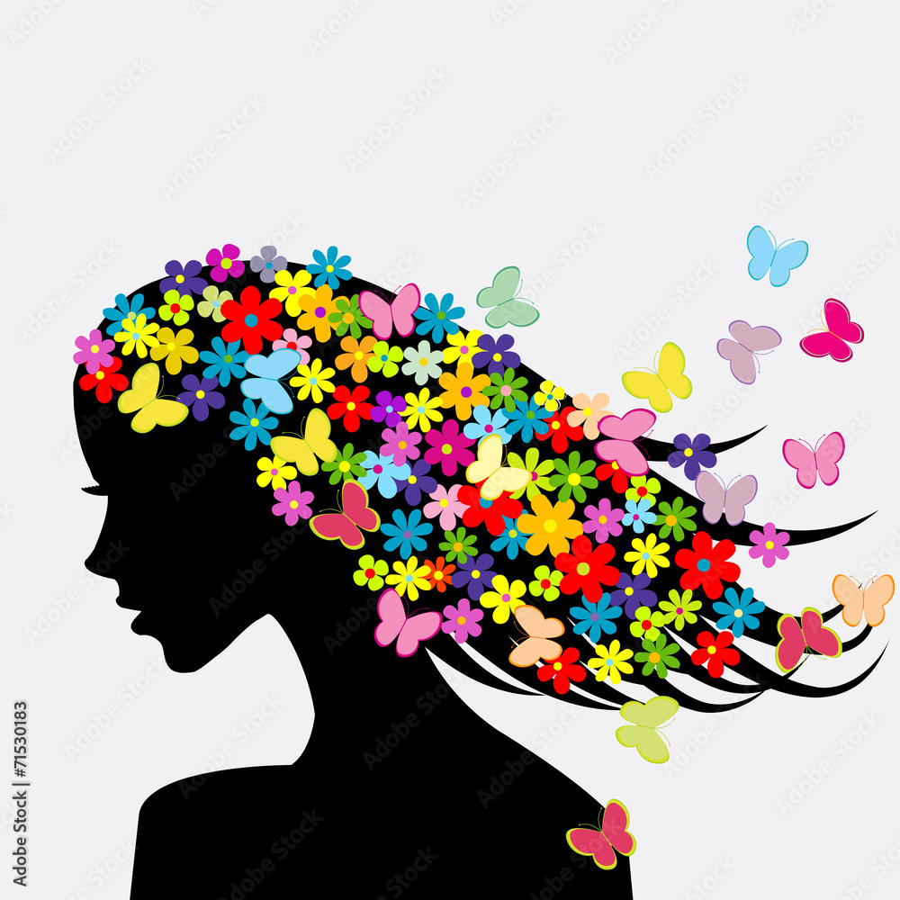 Beautiful woman profile silhouettes with flowers and butterflies Beautiful woman profile silhouettes with flowers and butterflies