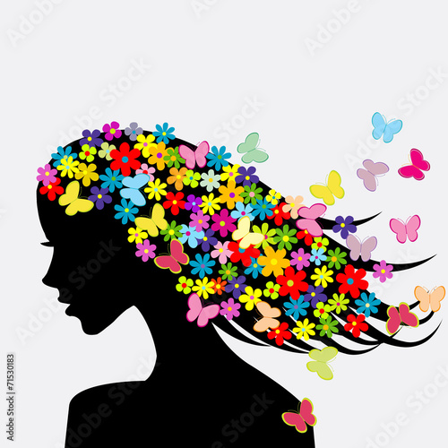 Beautiful woman profile silhouettes with flowers and butterflies