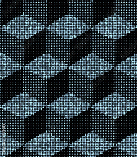 3D Halftone Cubes, Blue Metal Colors, Vector Seamless Pattern