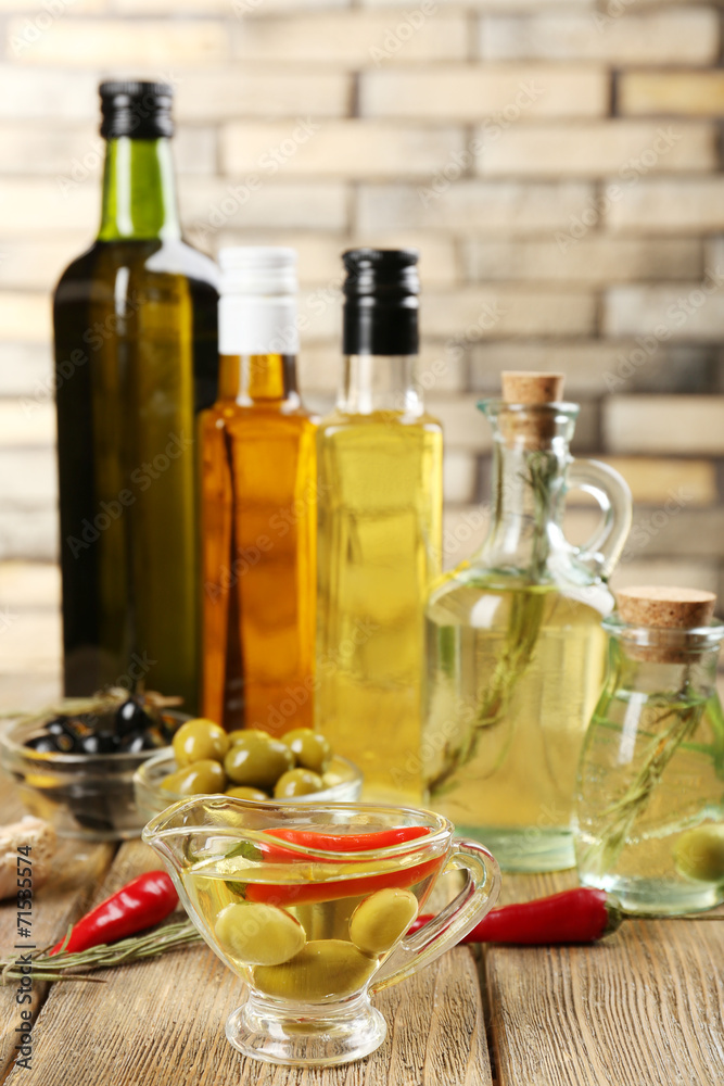 Different sorts of cooking oil, close-up Different sorts of cooking oil, close-up
