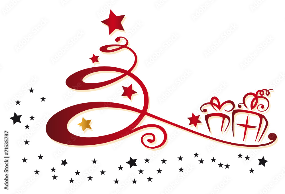 Abstrakter Weihnachtsbaum mit Geschenken und Sternen. - obrazy, fototapety, plakaty 