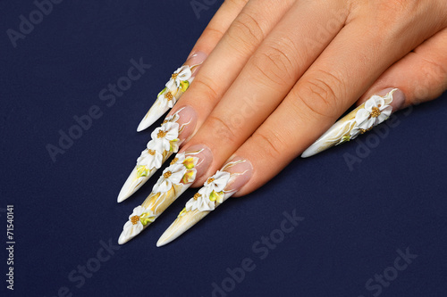 Nail art design on a blue background.