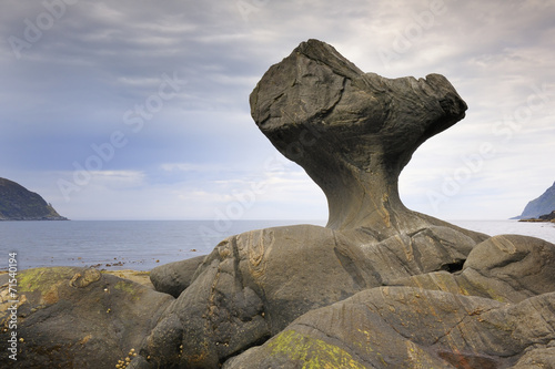 Rock formed by wind and water at Norwegian coast at low tide.
