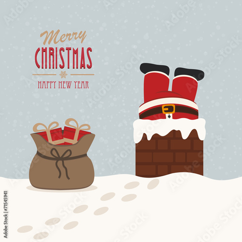 santa stuck in chimney gift bag snow background