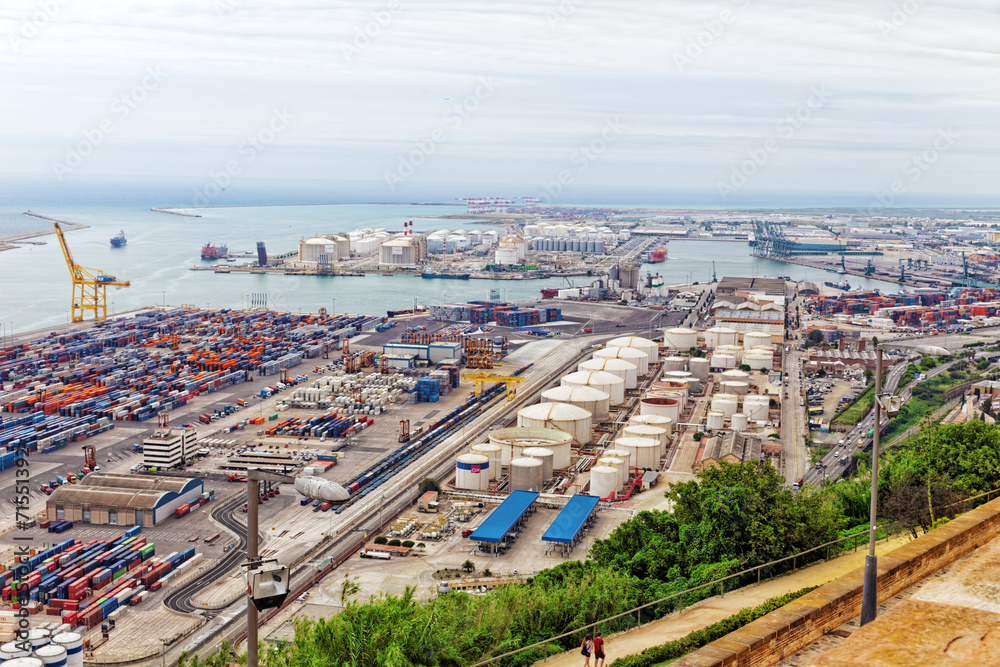 Obraz premium Panorama on Seaport from Montjuic castle.Barcelona.Catalonia.Sp