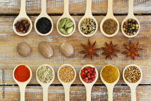 Selection of Indian spices on wooden spoons