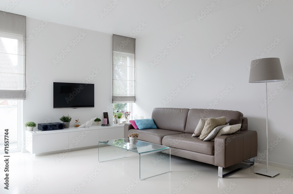 White living room with taupe sofa