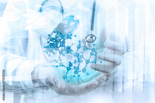 Εκτύπωση καμβά scientist doctor hand holds virtual molecular structure in the l