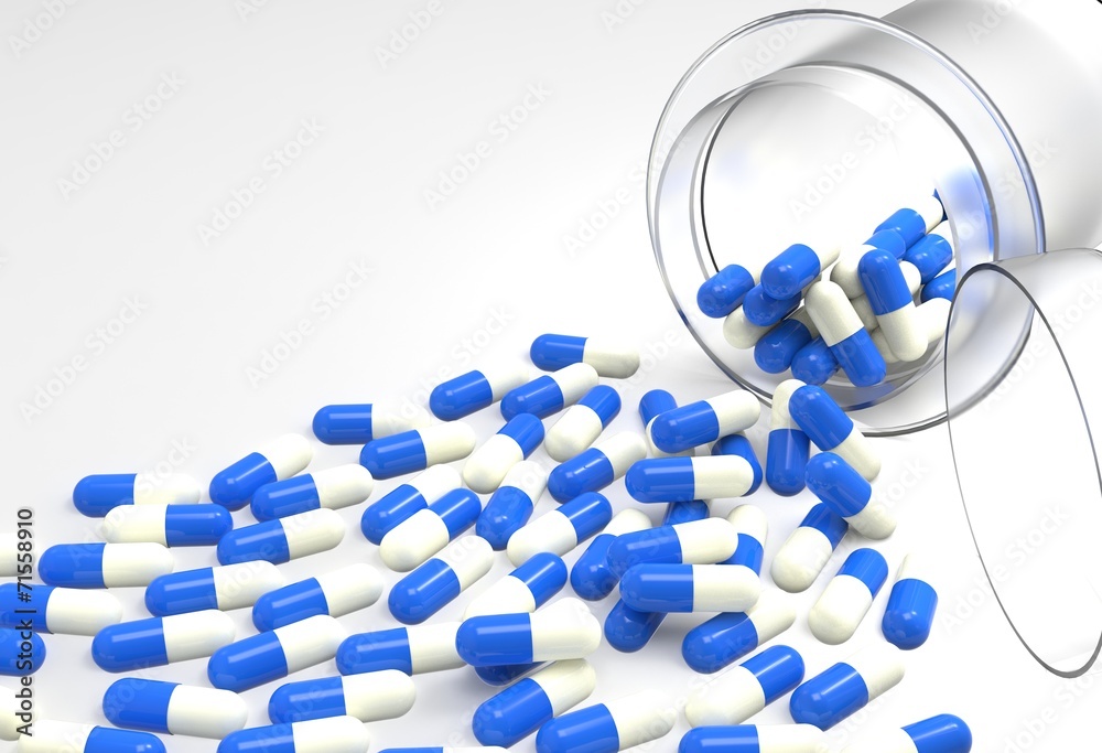 Pills 3d spilling out of pill bottle on white Pills 3d spilling out of pill bottle on white