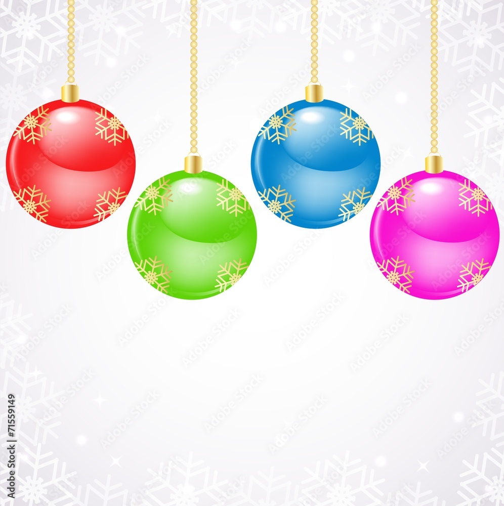 Glass christmas balls hanging over snowflake background