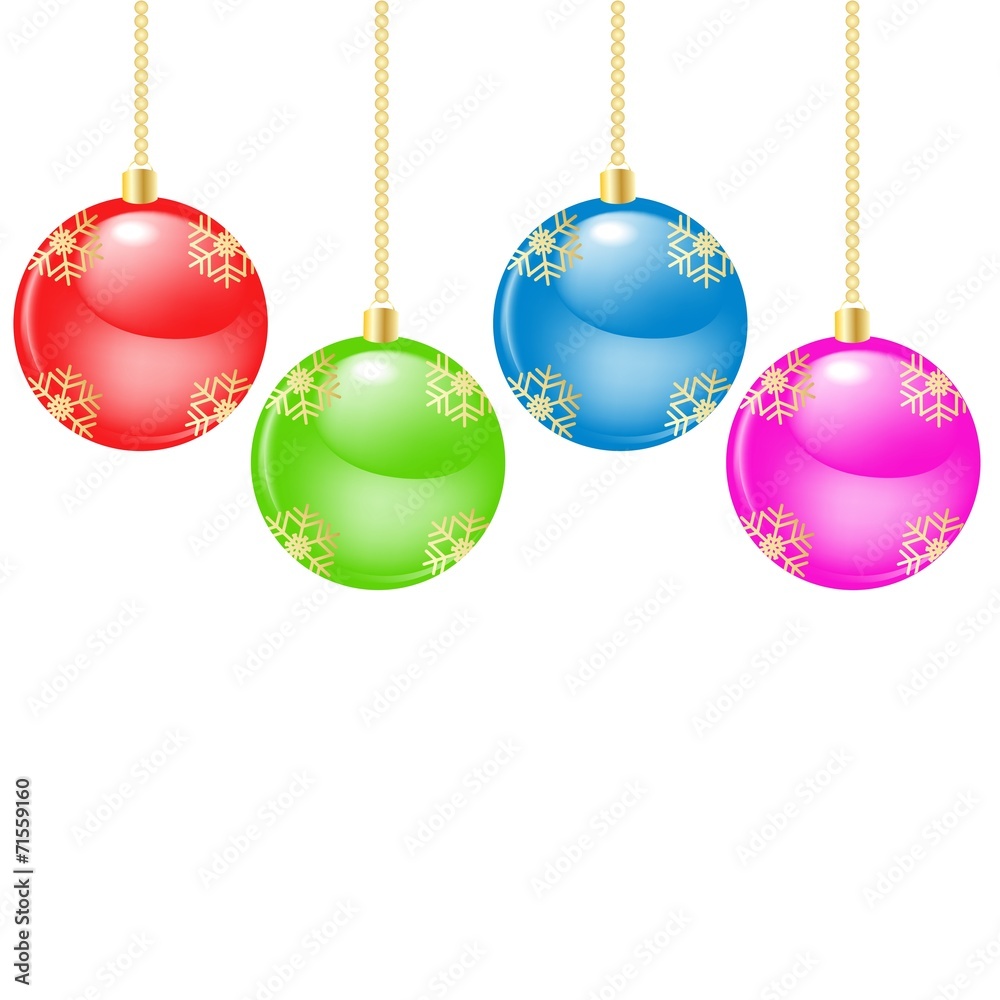Glass christmas balls hanging over blank background