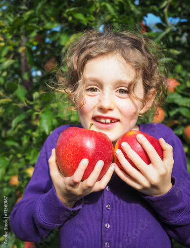 small smiling girl holding apples in an orchard