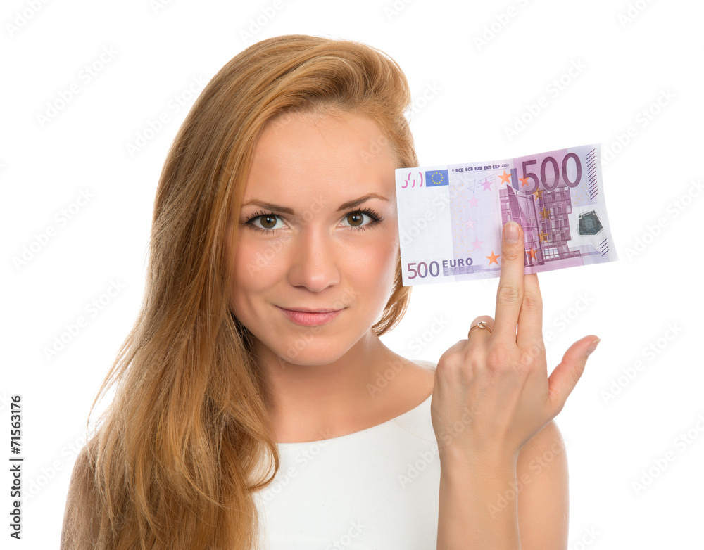 young woman holding up cash money five hundred euro young woman holding up cash money five hundred euro