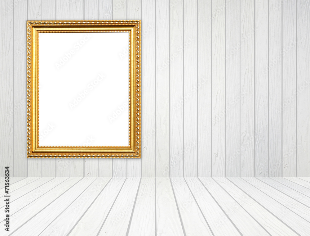 blank golden frame in room with white wood wall and wood floor