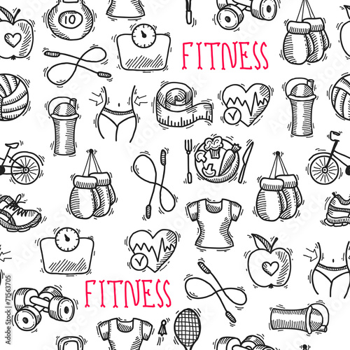 Fitness sketch black and white seamless pattern