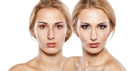 comparison portrait of a woman with and without makeup
