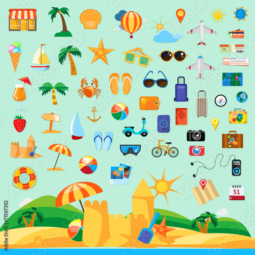 Beach holiday, icon set flat design