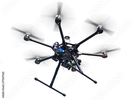 Flying drone with spinning props isolated on white with path
