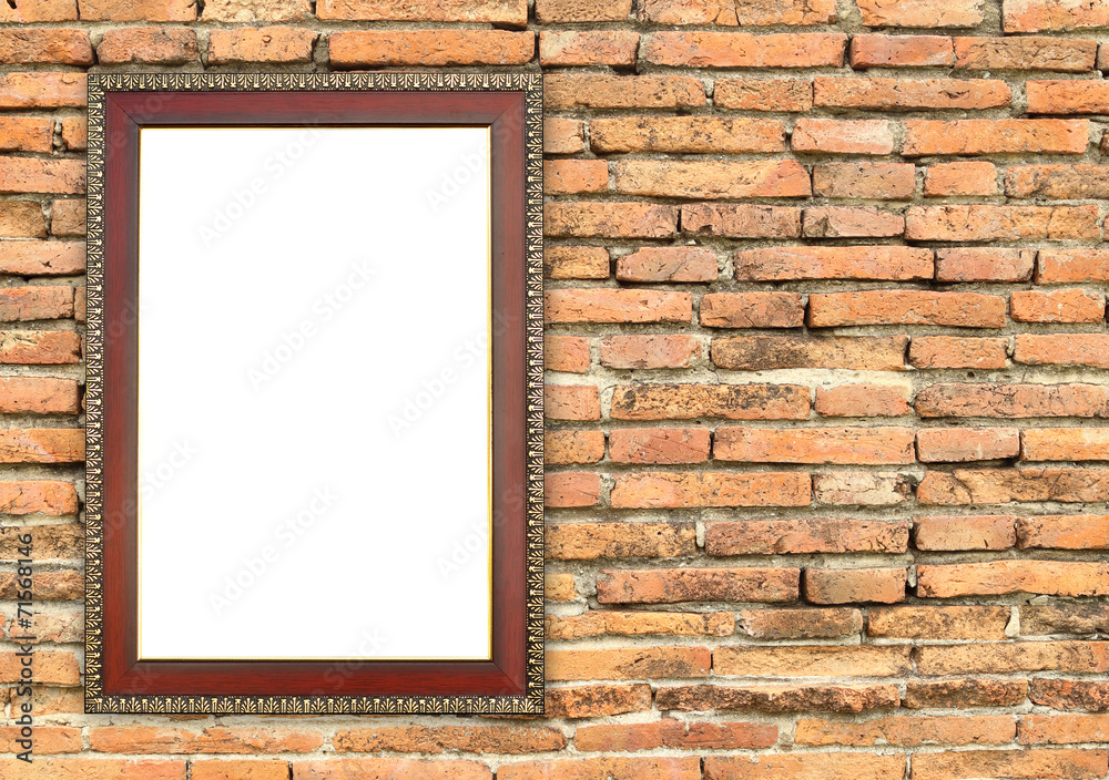 blank wood frame on brick stone wall blank wood frame on brick stone wall