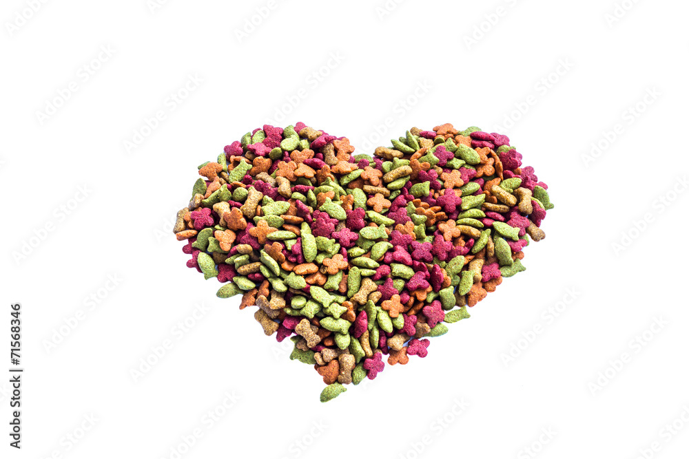 dry cat food heart shape on white background