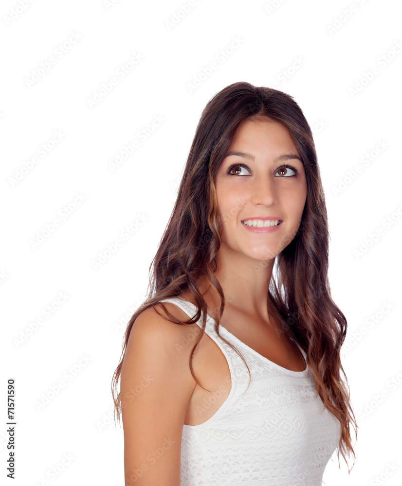 Pensive casual girl looking up Pensive casual girl looking up