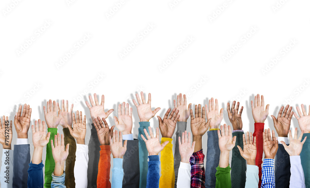 Multiethnic Group of Hands Raised Multiethnic Group of Hands Raised