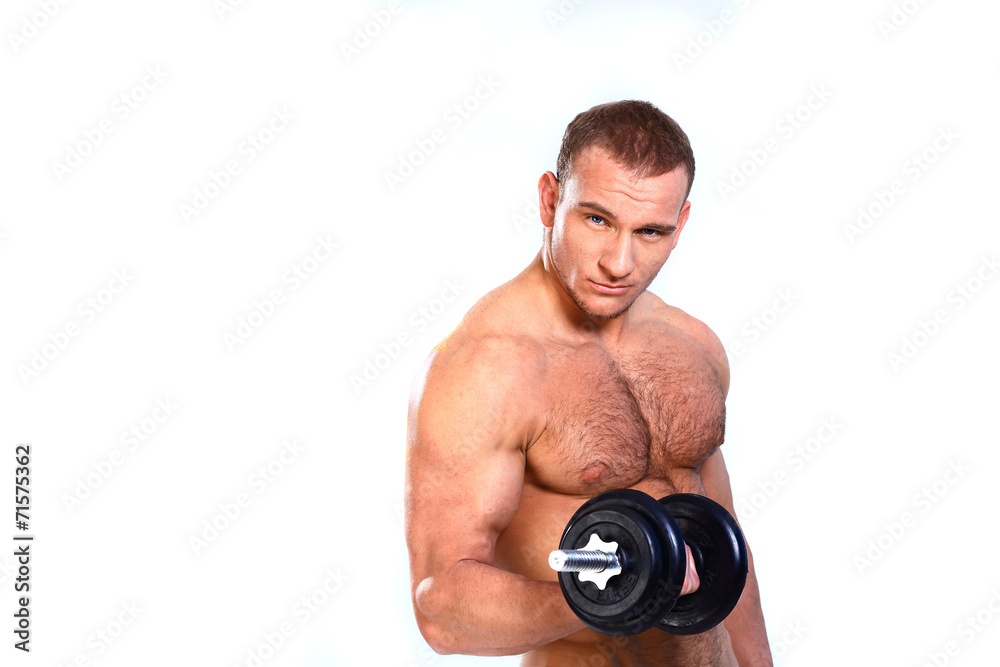 Strong man lifting weights isolated on white Strong man lifting weights isolated on white