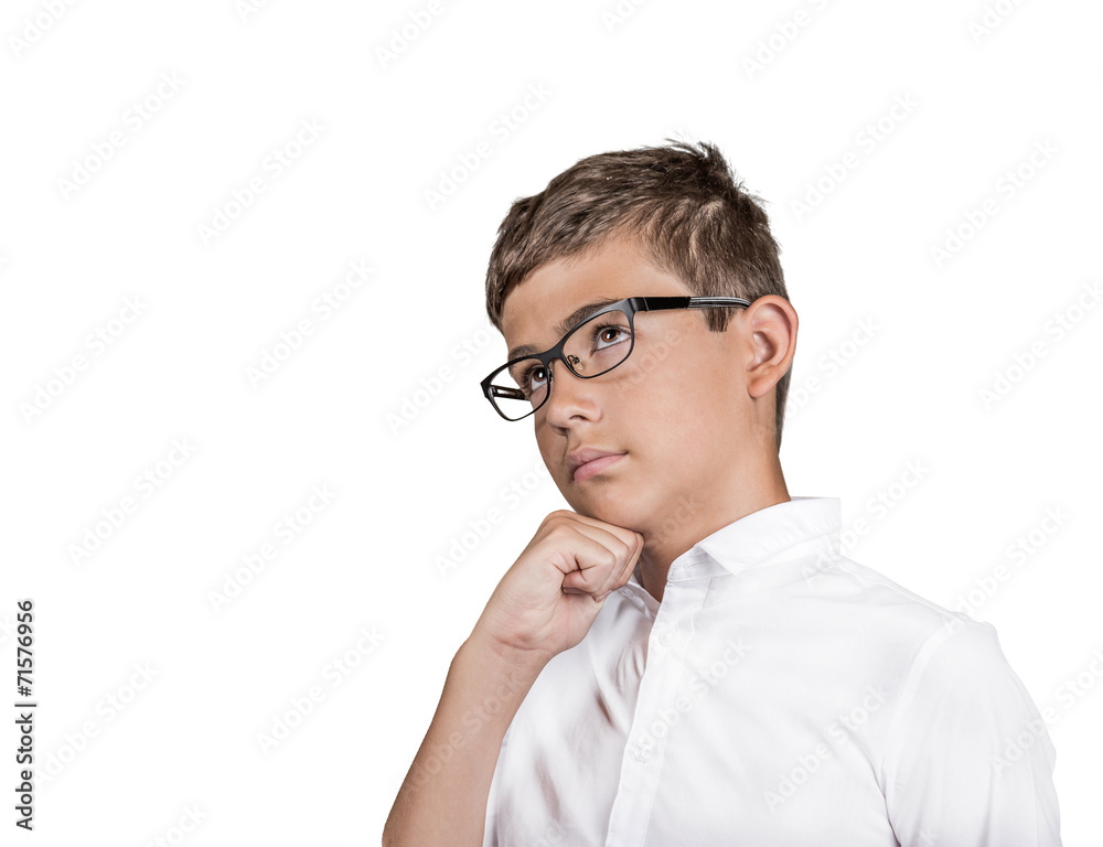 Headshot pensive young man with glasses white background 