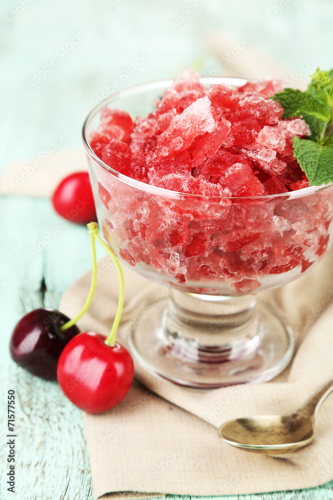 Closeup of cherry granita in glass bowl, Closeup of cherry granita in glass bowl,