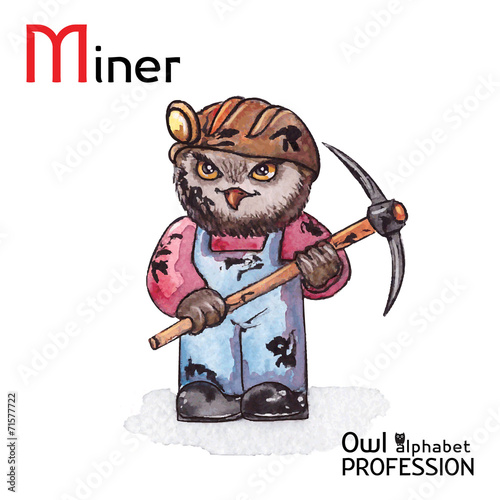 Alphabet professions Owl Letter M - Miner character Vector photo