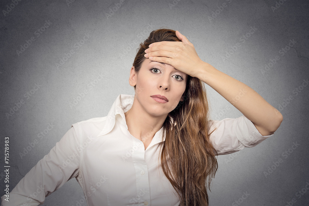 Naklejka premium question headache doubt woman with tired of life face expression
