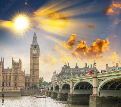 Westminster Bridge, London. River Thames and Big Ben Tower with