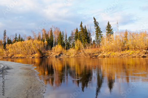 View on autumn landscape of river and trees in sunny day