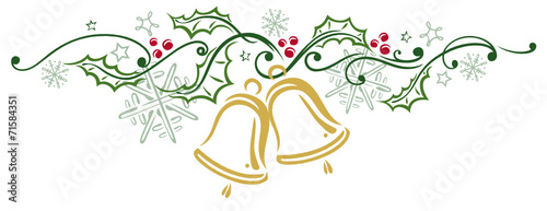 Weihnachten, Stechpalme mit Glocken und Schneeflocken.
