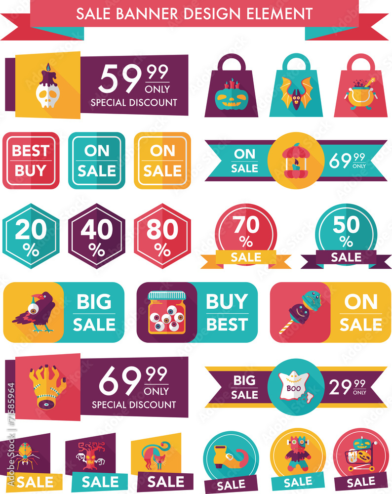 Halloween sale banner design flat background set, eps10 Halloween sale banner design flat background set, eps10
