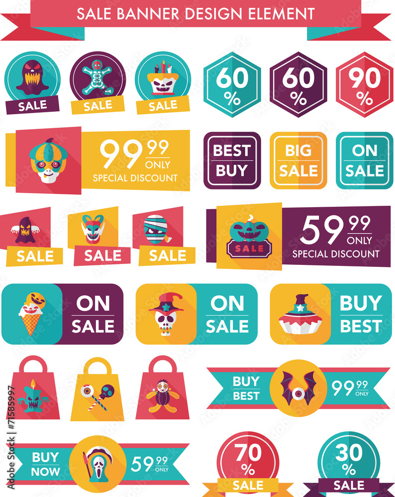 Halloween sale banner design flat background set, eps10